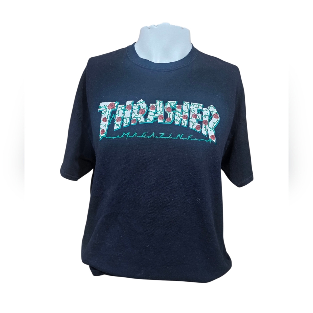 Thrasher Magazine Rose Logo Graphic Tee Black Skate Streetwear Size‎ Large